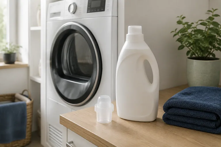 Gesloten fles wasverzachter naast een handdoek