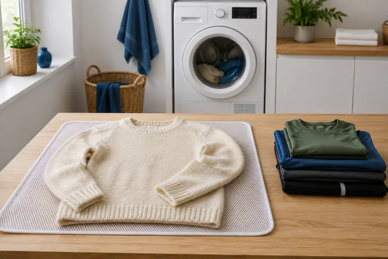 Wollen trui en synthetische kleding apart gelegd