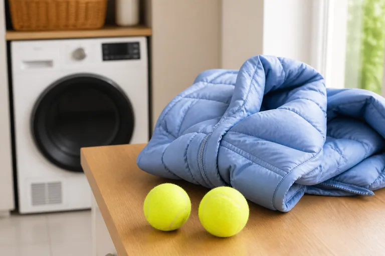 Tennisballen naast een donsjas en wasdroger