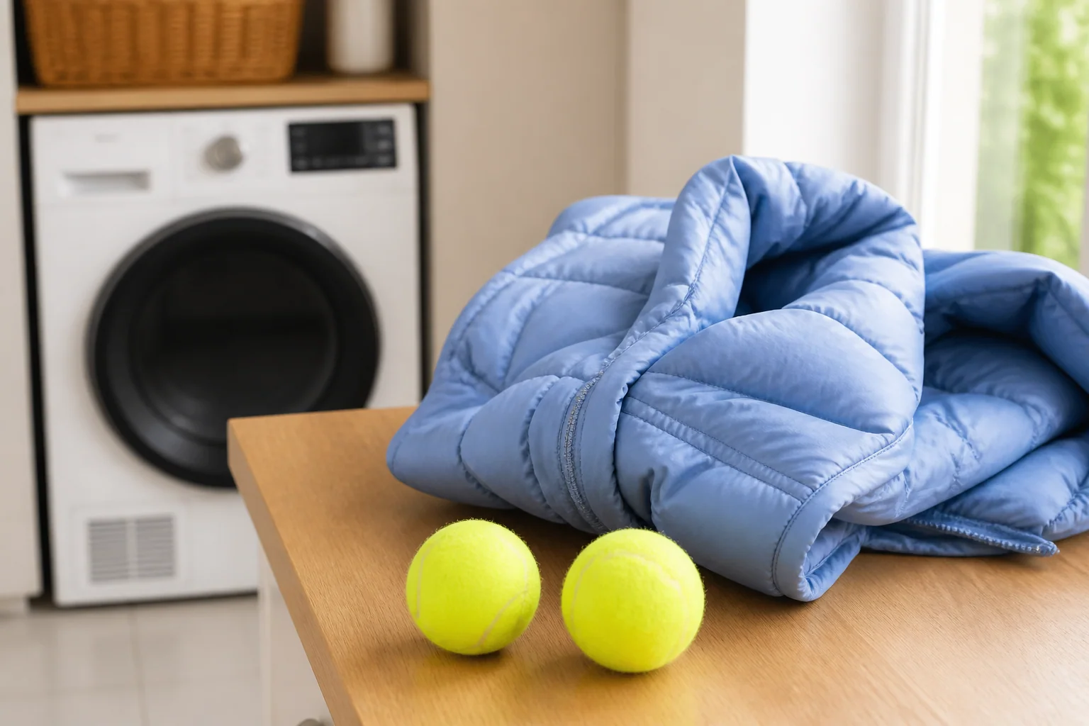 Tennisballen naast een donsjas en wasdroger