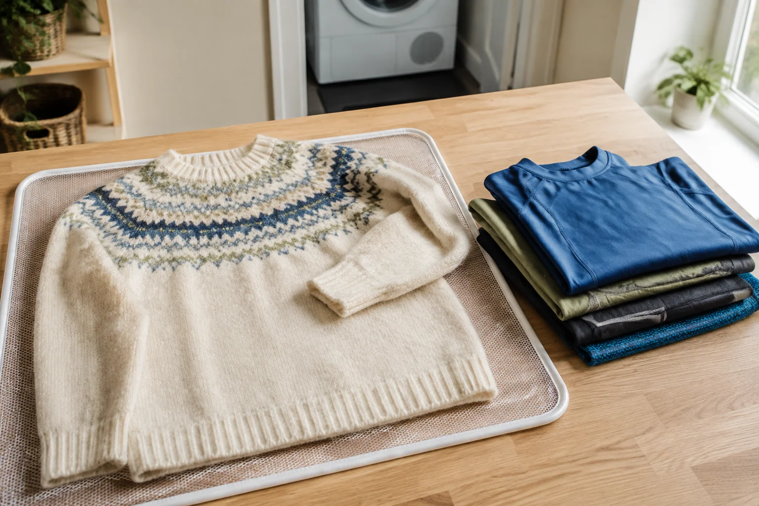 Wollen trui en synthetische kleding apart gelegd