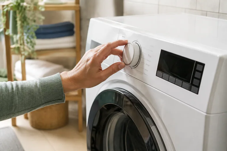 Hand bij de programmaknop van een wasmachine