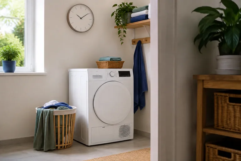 Klok en kleine wasmand in een lichte wasruimte