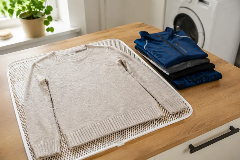 Wollen trui en synthetische kleding apart gelegd