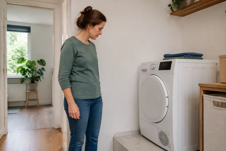 Persoon luistert naast een gesloten droger