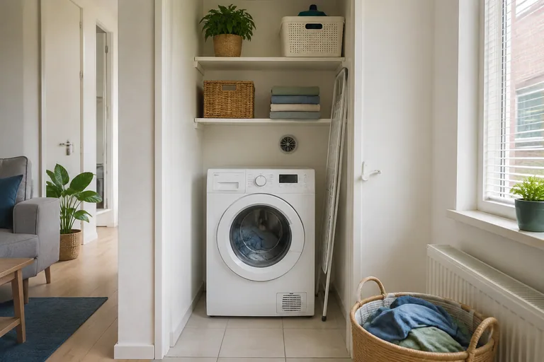 Wasapparaat in een kleine nis met opbergruimte
