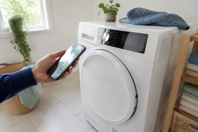 Smartphone in de hand naast een wasapparaat