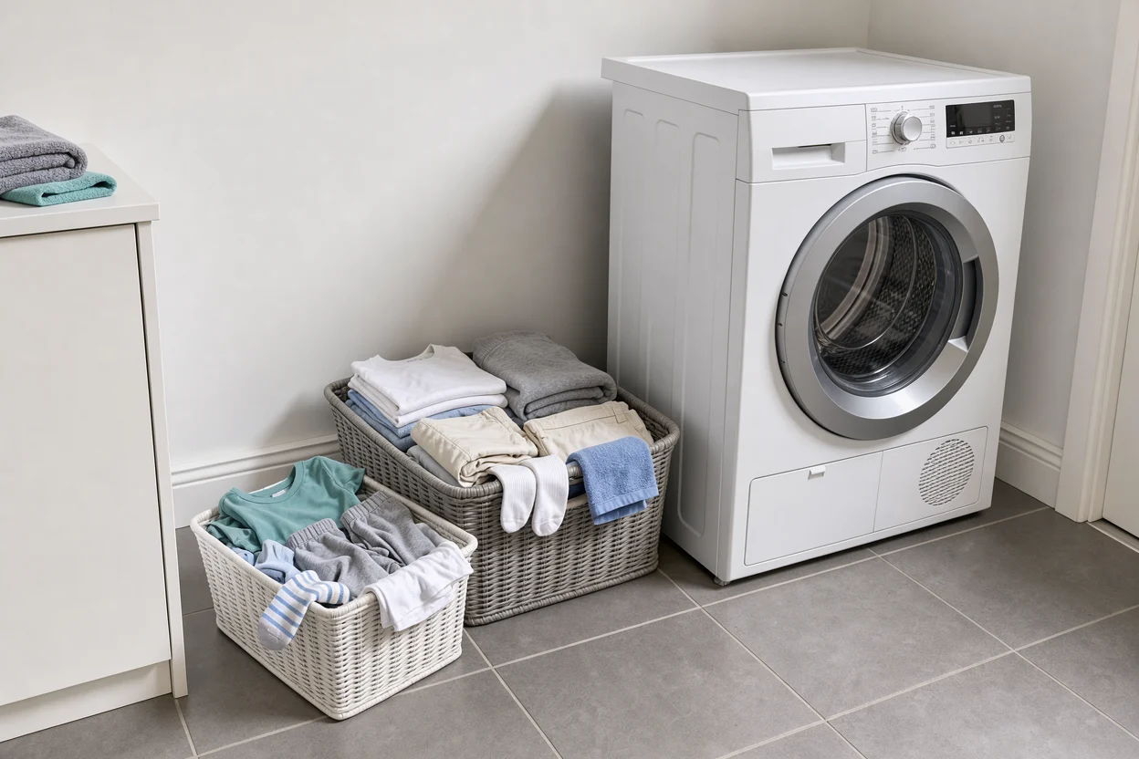 Grote wasmand met handdoeken bij een wasdroger