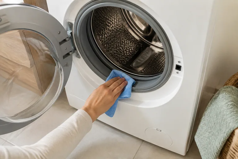 Hand met doek bij het deurrubber van een wasmachine