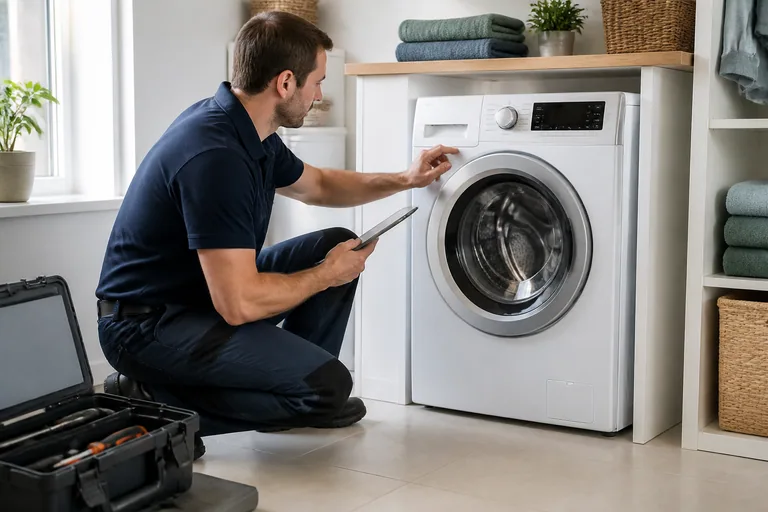 Monteur controleert een wasdroogcombinatie met een tablet
