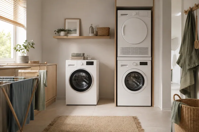 Een wasdroogcombinatie naast een gestapelde wasmachine en wasdroger