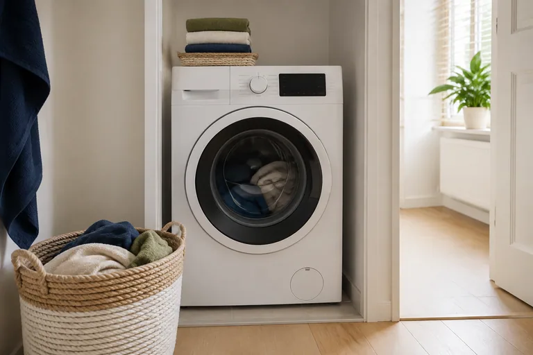 Eén wasapparaat met twee wasmanden in een compacte wasruimte