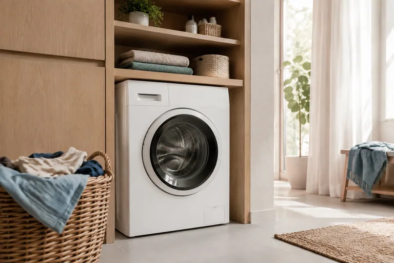 Wasdroogcombinatie in een nis met wasmand en houten planken