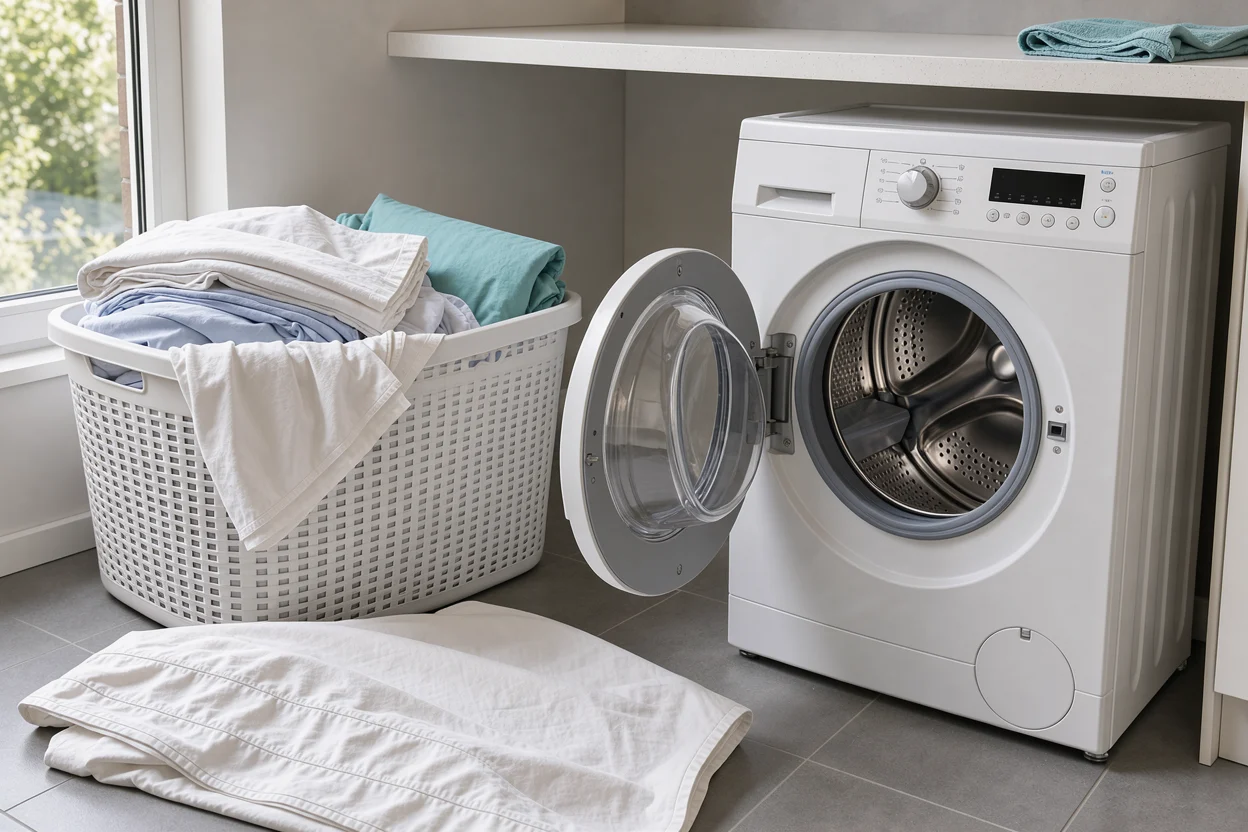 Ruime trommel met een wasmand ernaast