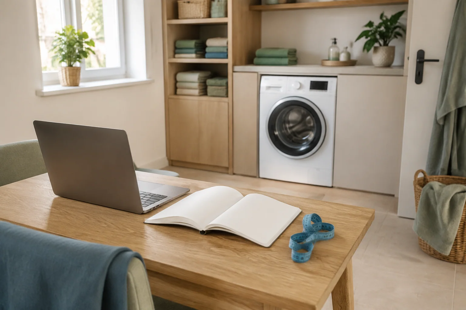 Keuze voor een wasdroogcombinatie voorbereiden met laptop en meetlint