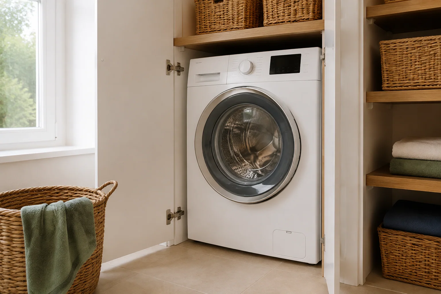 Wasdroogcombinatie in een witte kast met opbergmanden
