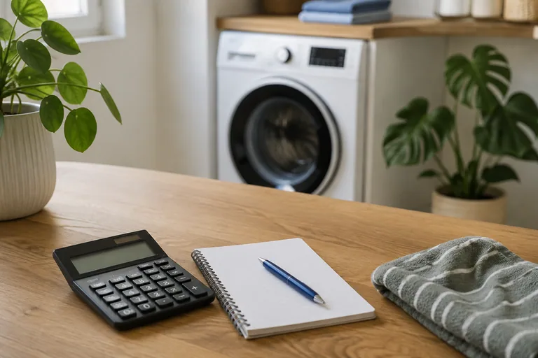 Rekenmachine en notitieboek bij een wasapparaat