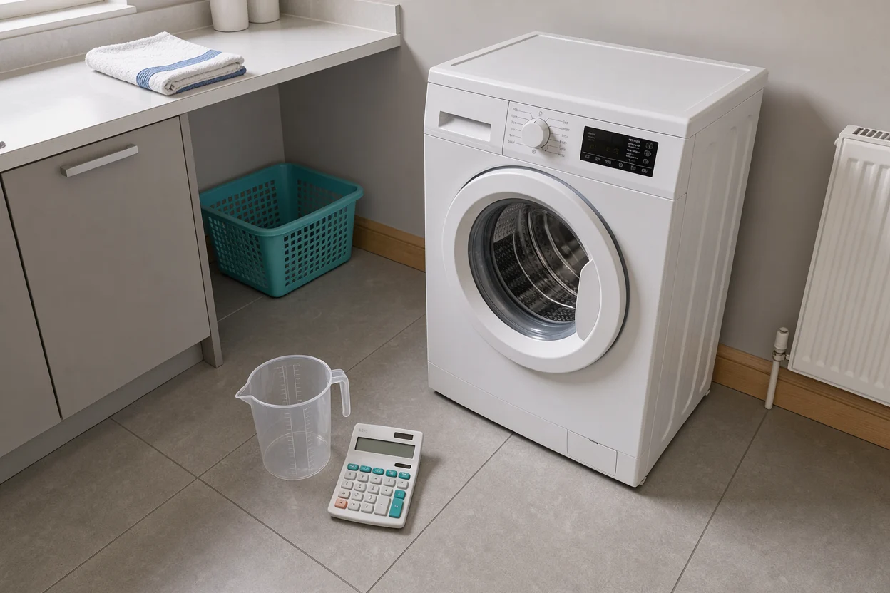Rekenmachine en maatbeker naast een wasmachine