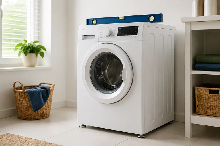 Waterpas op een wasmachine op een tegelvloer