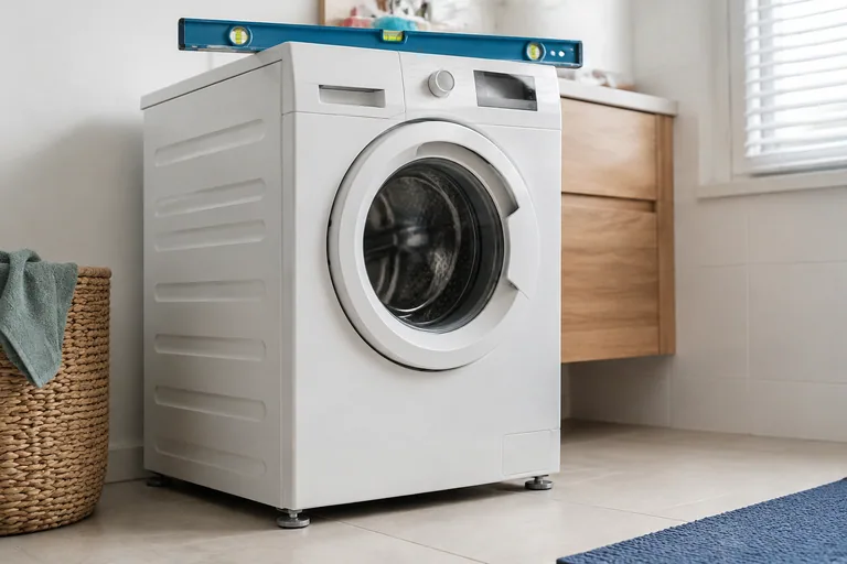 Waterpas op een wasmachine op een tegelvloer