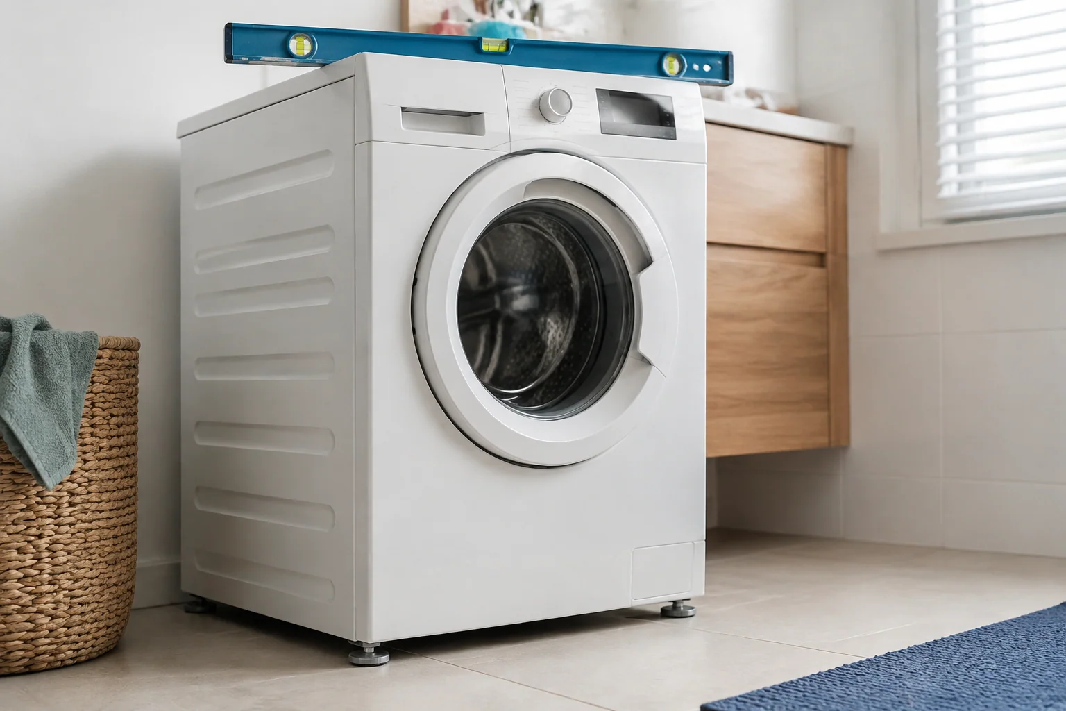 Waterpas op een wasmachine op een tegelvloer