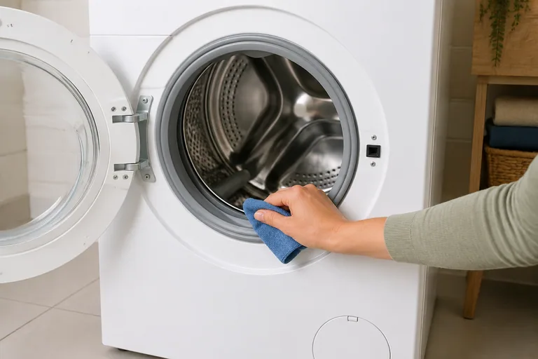 Hand met doek bij het deurrubber van een wasmachine