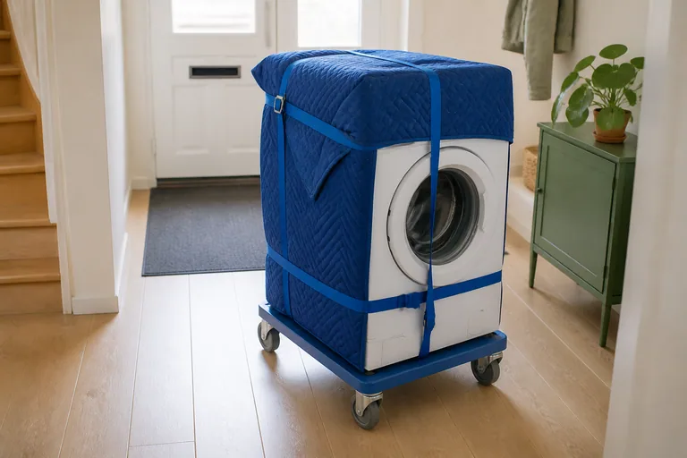 Ingepakte wasmachine vastgezet op een steekwagen