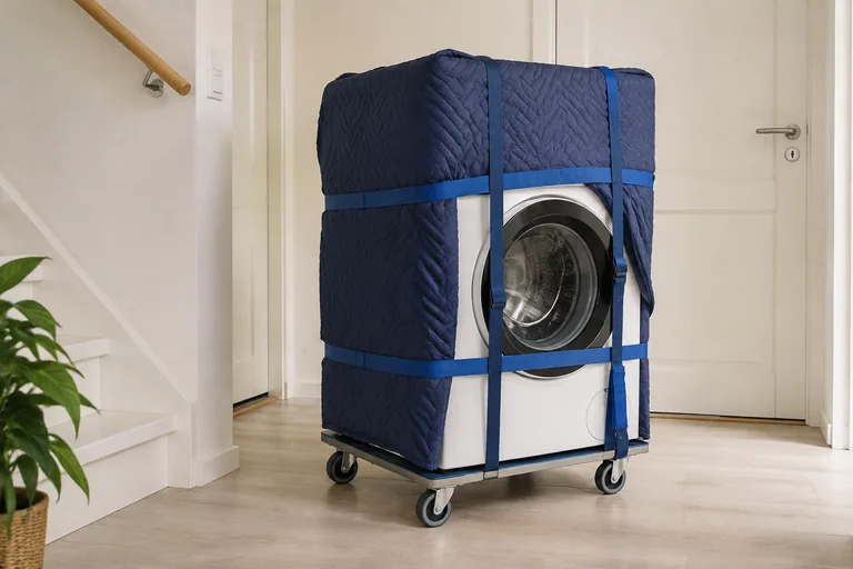 Ingepakte wasmachine vastgezet op een steekwagen