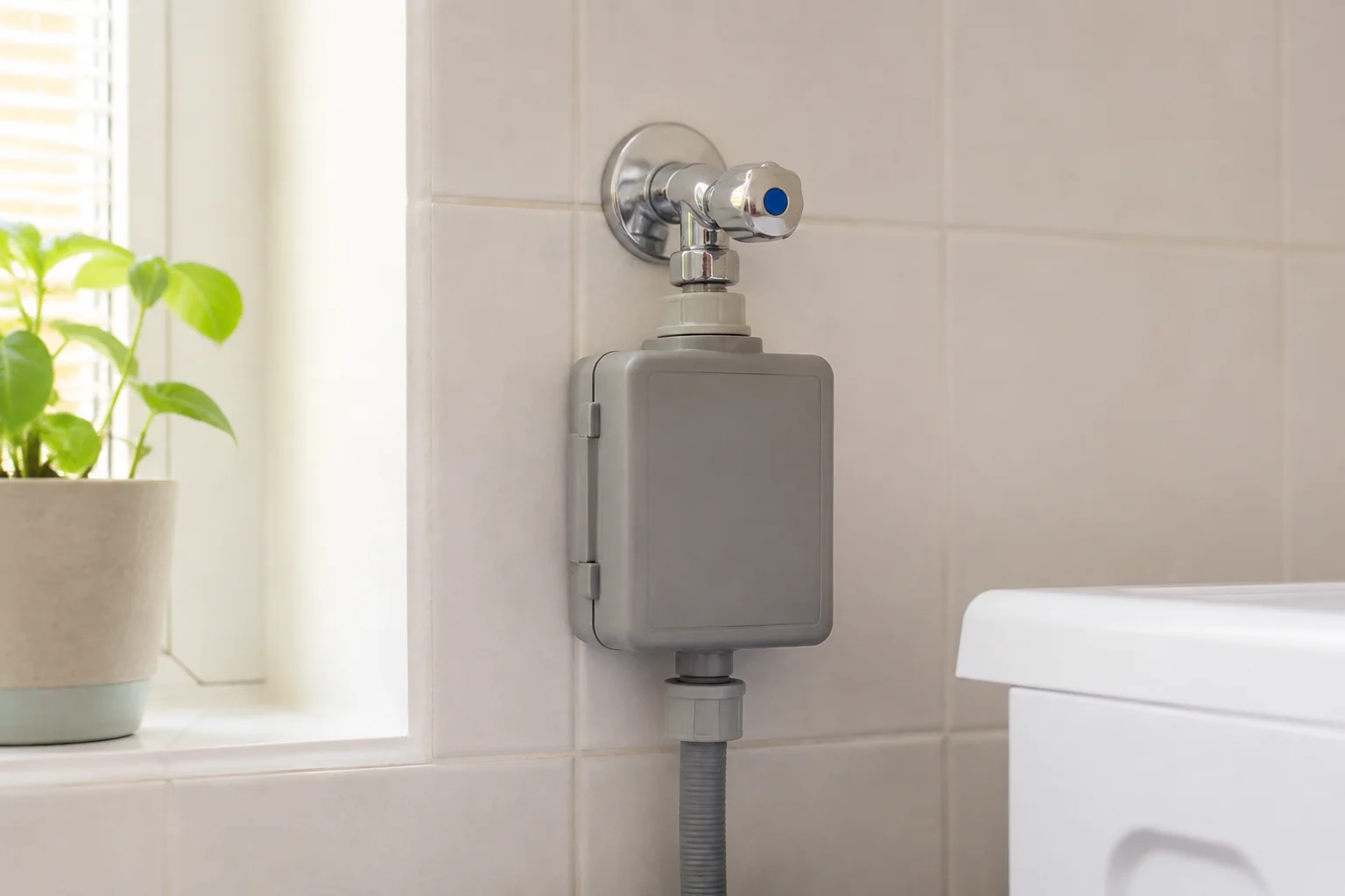Waterslot aan de toevoerslang bij een wasmachinekraan