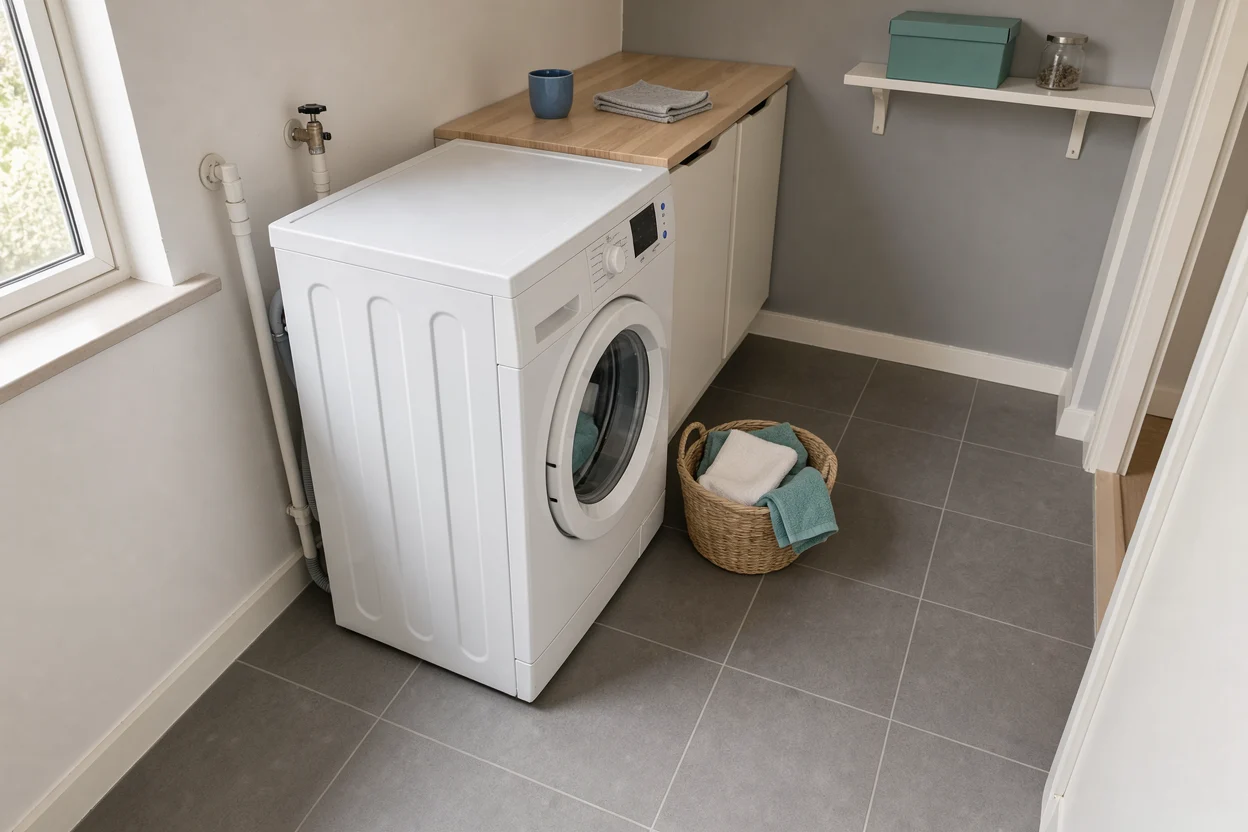Compacte wasmachine naast een kleine wasmand