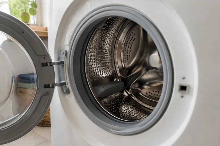 Detail van een roestvrijstalen wastrommel
