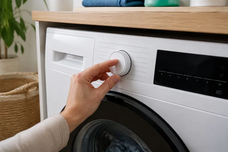 Hand bij de programmaknop van een wasmachine