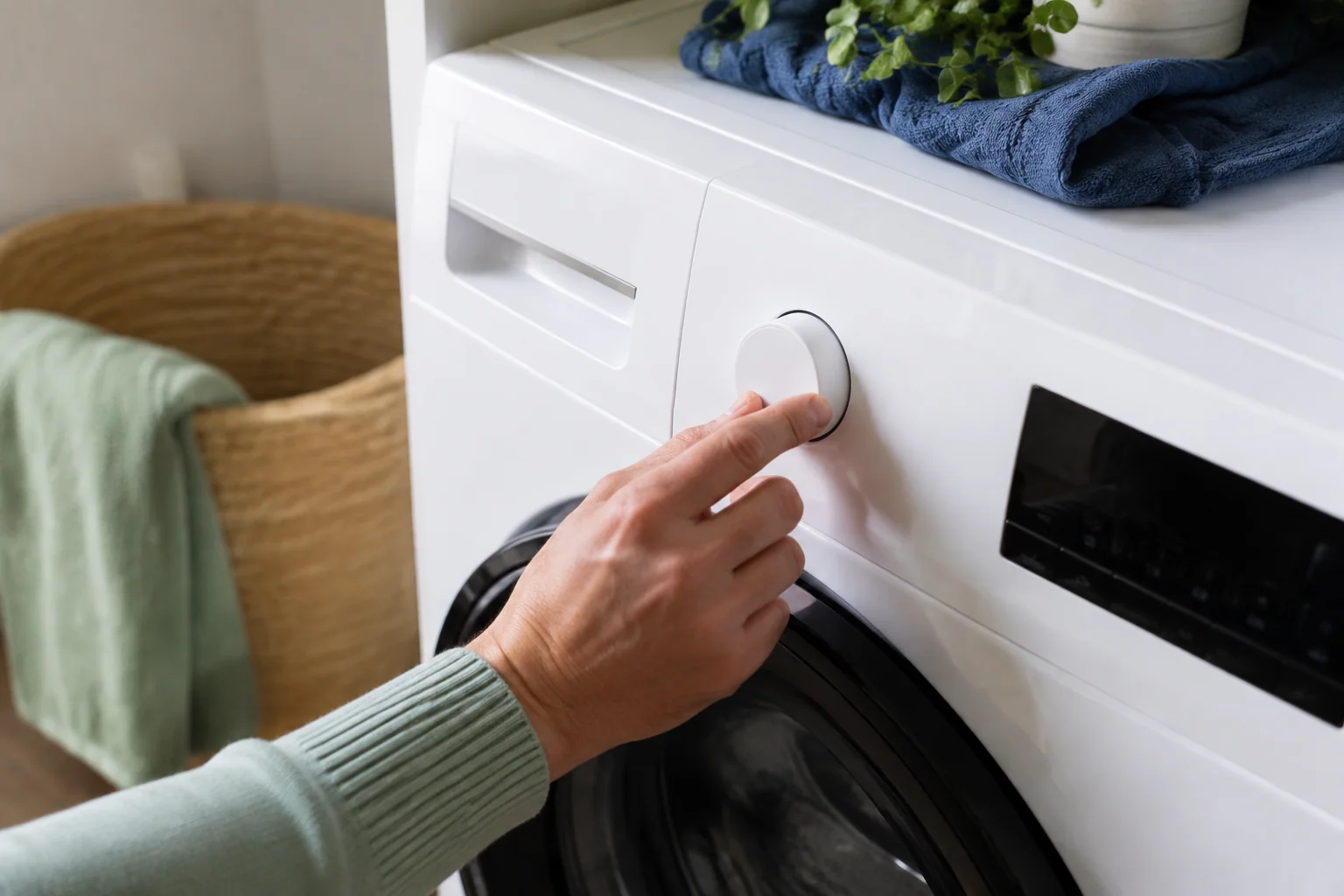 Hand bij de programmaknop van een wasmachine