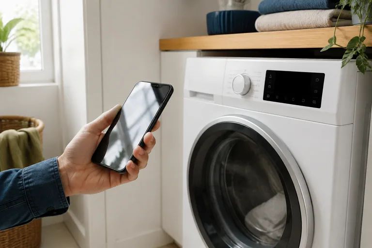 Smartphone in de hand naast een wasapparaat