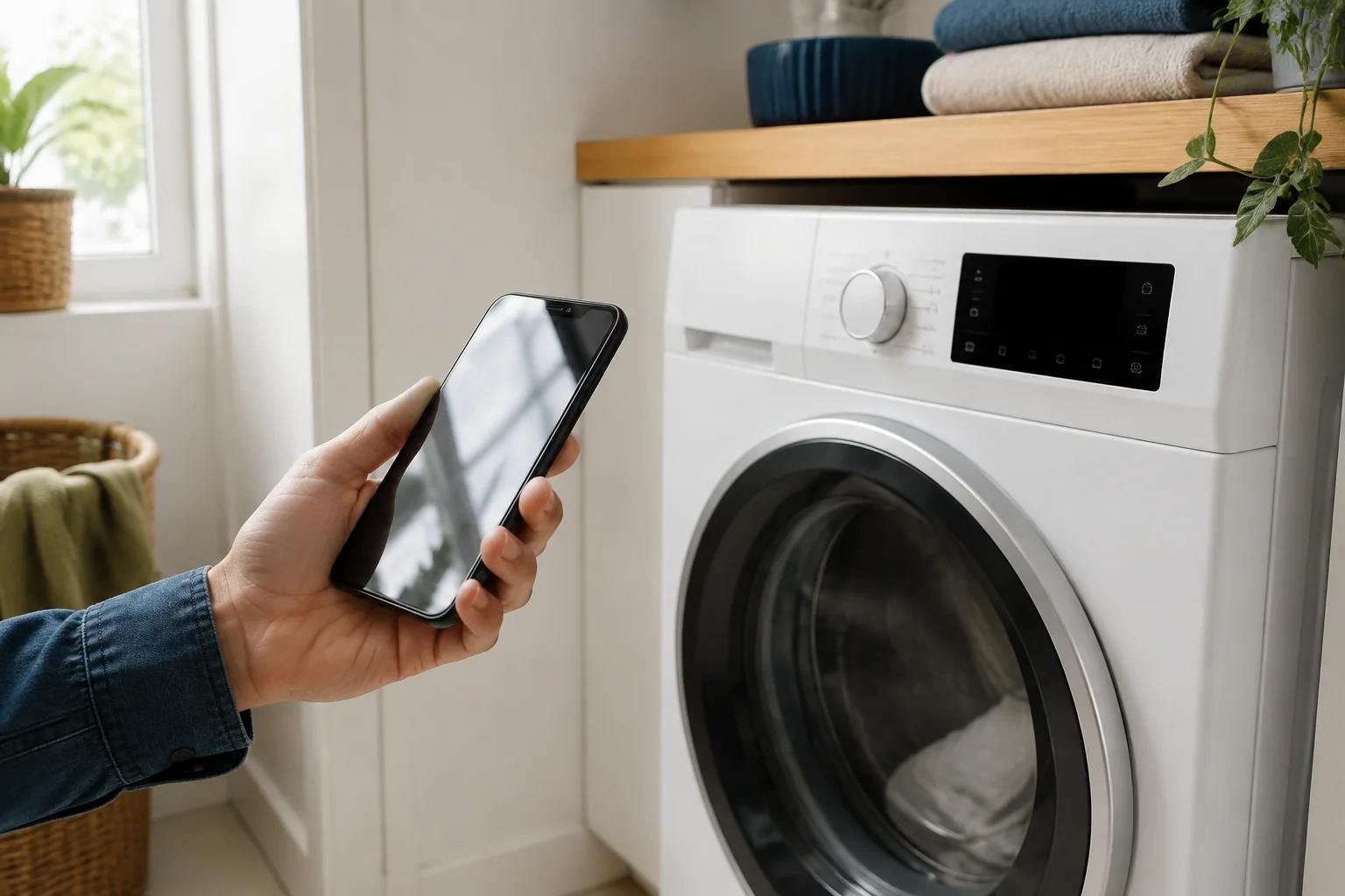 Smartphone in de hand naast een wasapparaat