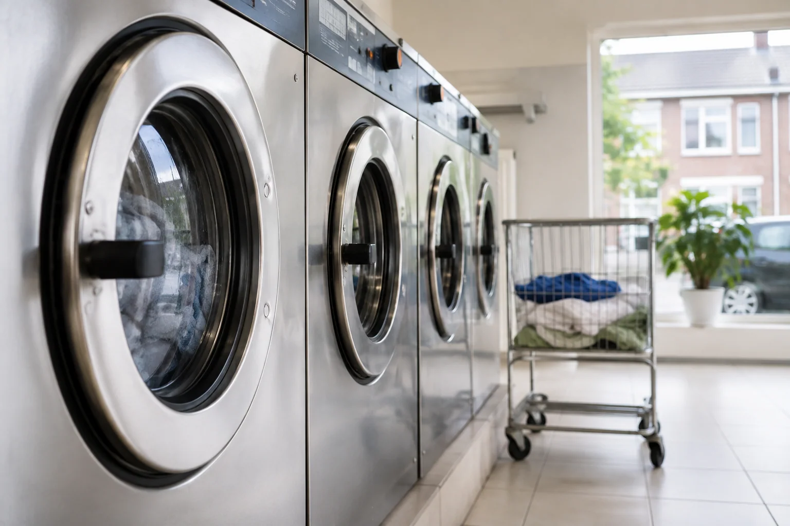 Grote wasmachines in een verzorgde wasserette