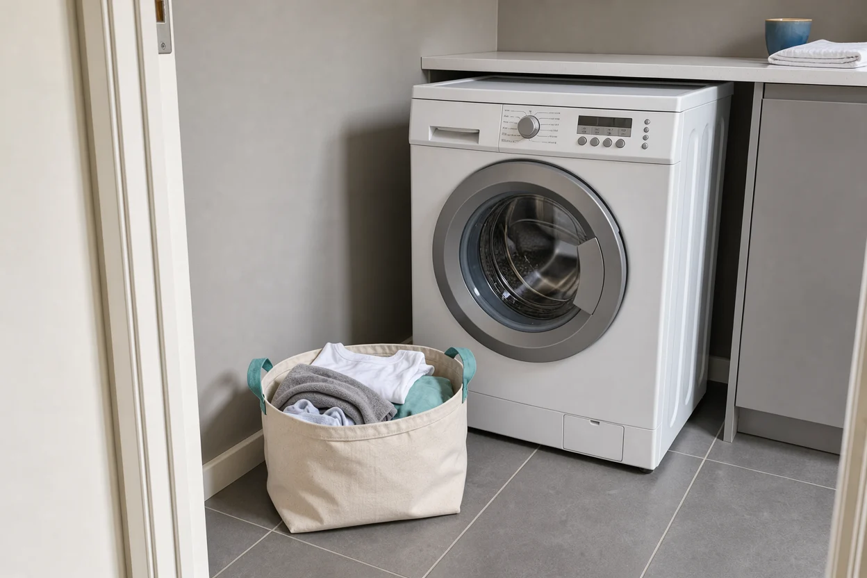 Kleine wasmand bij een wasmachine