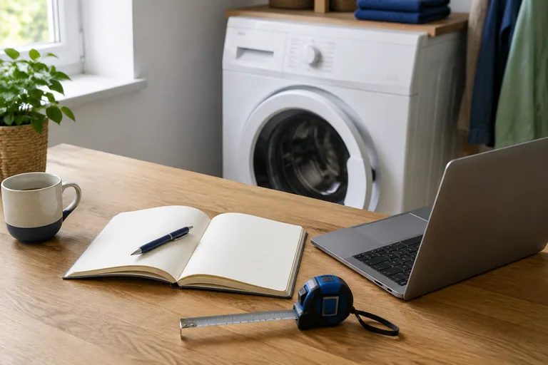 Notitieboek, meetlint en laptop bij een wasmachine
