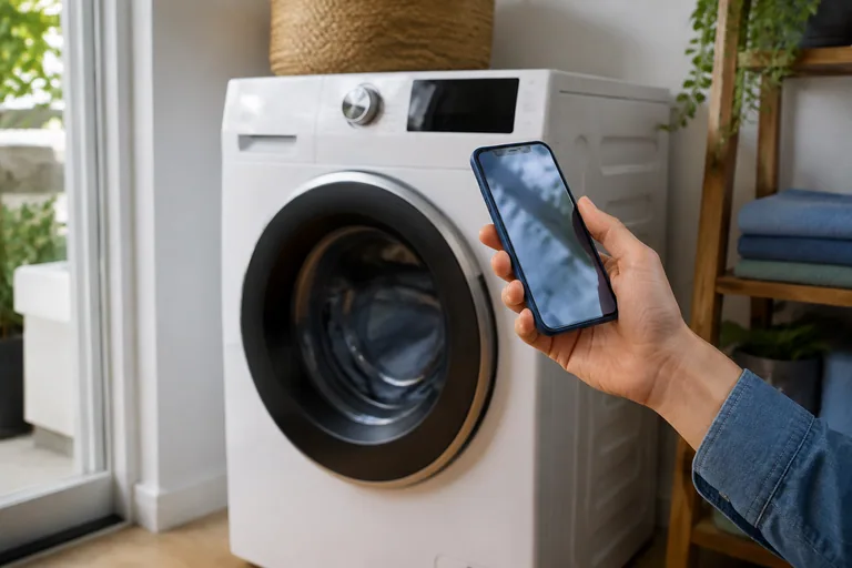 Smartphone in de hand naast een wasapparaat
