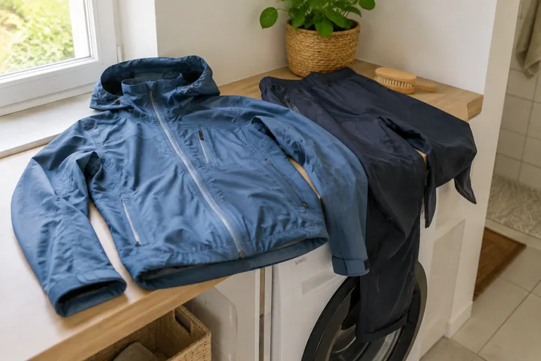 Regenjas en outdoorbroek klaargelegd bij de was