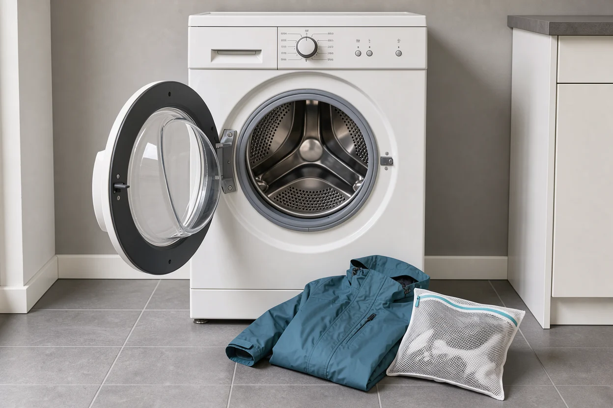 Outdoorjas naast een wasmachine