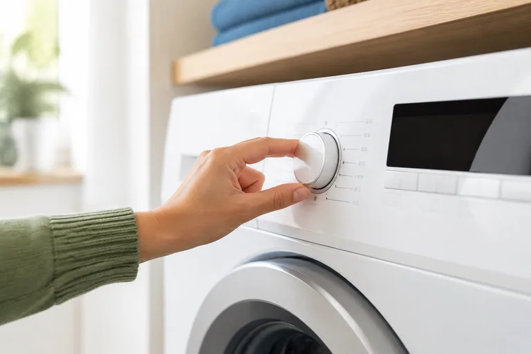 Hand bij de programmaknop van een wasmachine