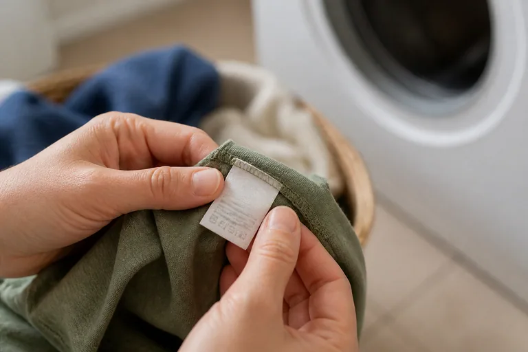 Handen bekijken een wasetiket in een kledingstuk