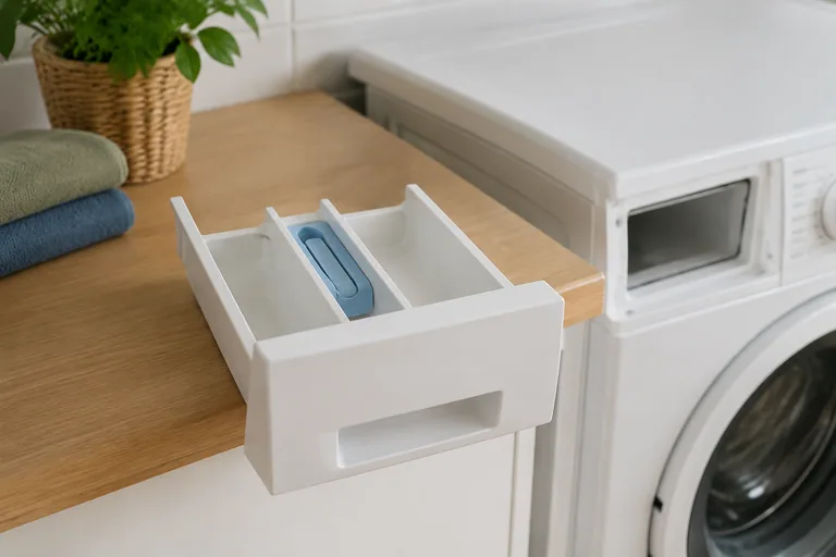 Uitgenomen wasmiddellade naast een wasmachine