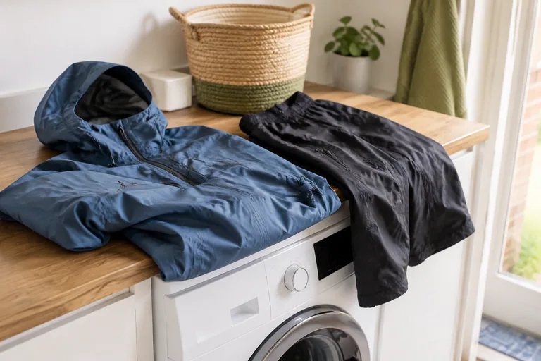 Regenjas en outdoorbroek klaargelegd bij de was