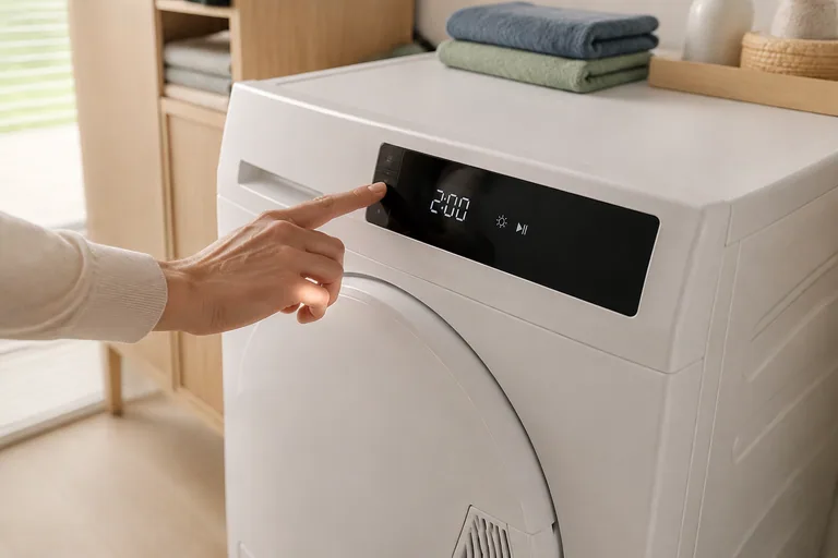 Hand bedient het elektronische paneel van een wasdroger