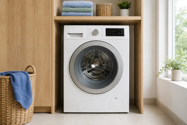 Eén wasdroogcombinatie met wasmand onder een houten plank