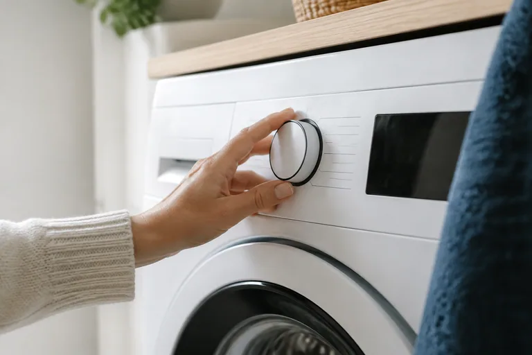 Hand bij de programmaknop van een wasmachine