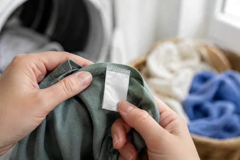 Handen bekijken een wasetiket in een kledingstuk