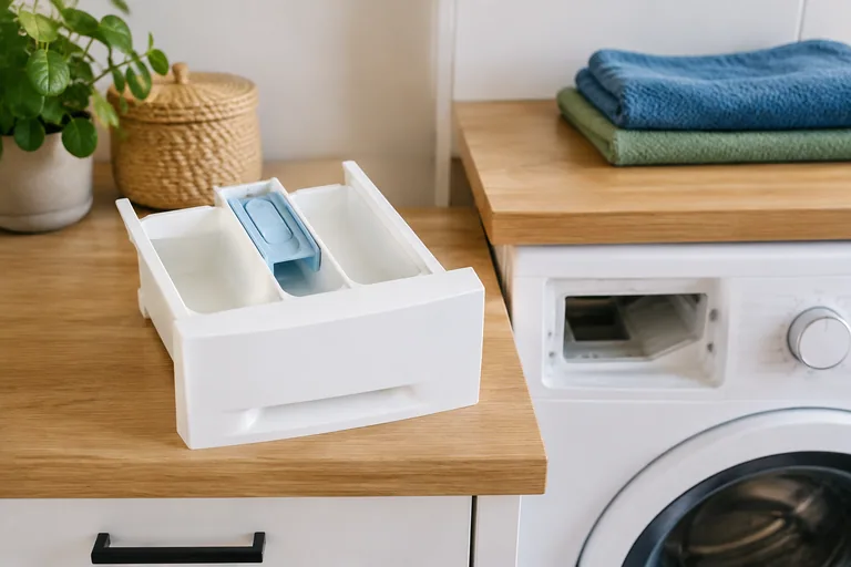 Uitgenomen wasmiddellade naast een wasmachine